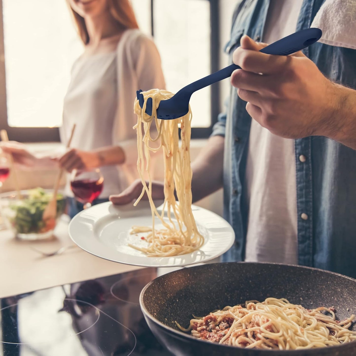 GIR: Get It Right Silicone Pasta & Spaghetti Spoon - 13-In Slate Modern - Heat-Resistant Silicone Ladle & Pasta Fork - Gentle on Nonstick Surfaces