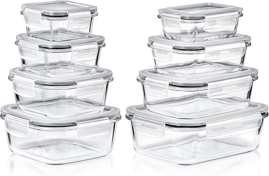 Sorbus 16pc Glass Meal Prep Containers Set – 4 Square and 4 Round Food Storage Containers with Airtight Lids – Freezer, Dishwasher, Oven Safe – Reusable Glass Containers for Meal Prep and Storage