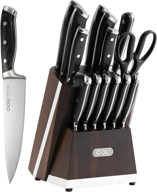 OOU 2025 Kitchen Knife Set with Block, 15-Piece German Stainless Steel Knife Blcok Set with Sharpening Rod, Ergonomic Wood Handle,Premium Razor-Sharp Knives Set for Kitchen