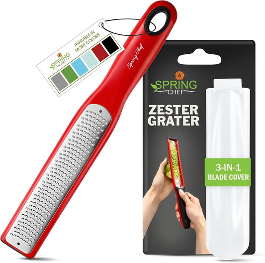 Spring Chef Premium Red Lemon Zester Grater with Handle - Fruit, Garlic, Citrus, Nutmeg, Orange Zester Tool - Heavy Duty Kitchen Shredder - Stainless Steel Ginger Grater with Blade Cover - Fine Shred