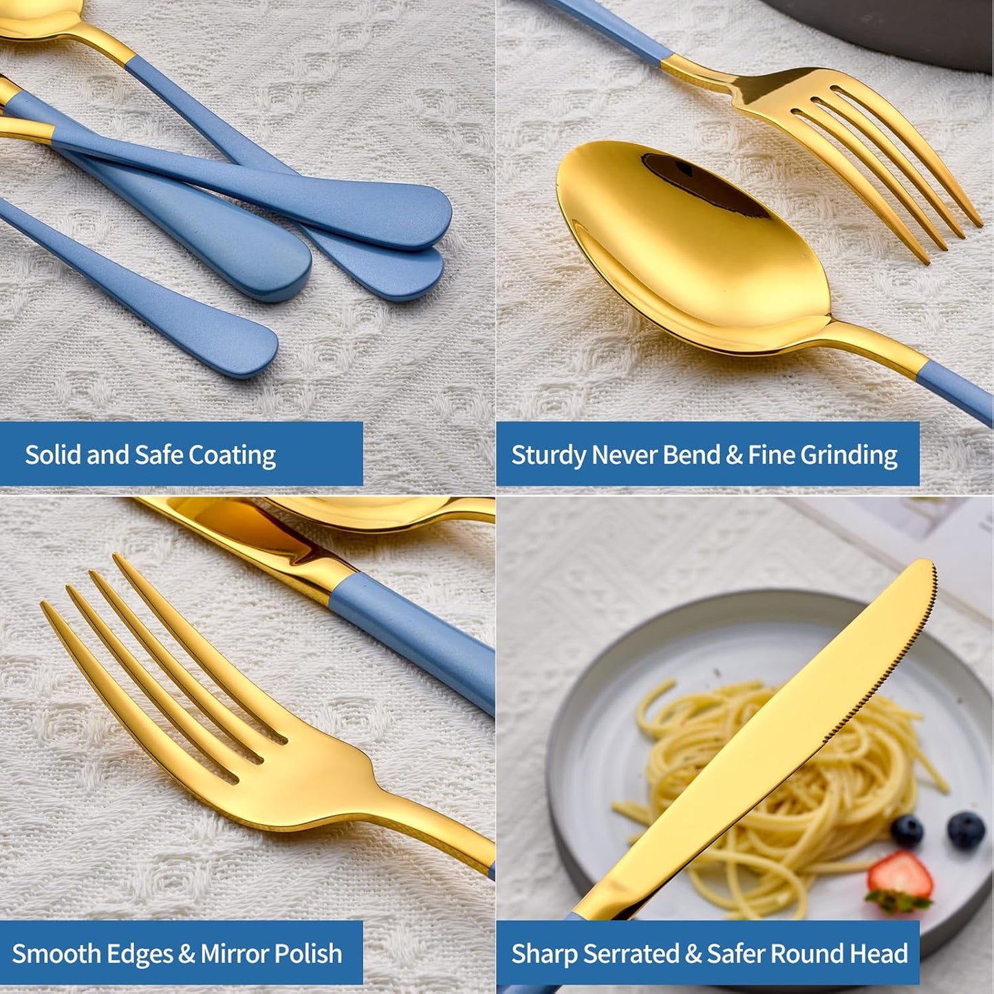 20-Piece Grey blue & Gold Silverware Set, 18/0 Stainless Steel Colorful Handle Flatware Set,Service for 4,Modern Cutlery Set Includes Dinner Knives Forks Spoons,Mirror Polished,Dishwasher Safe