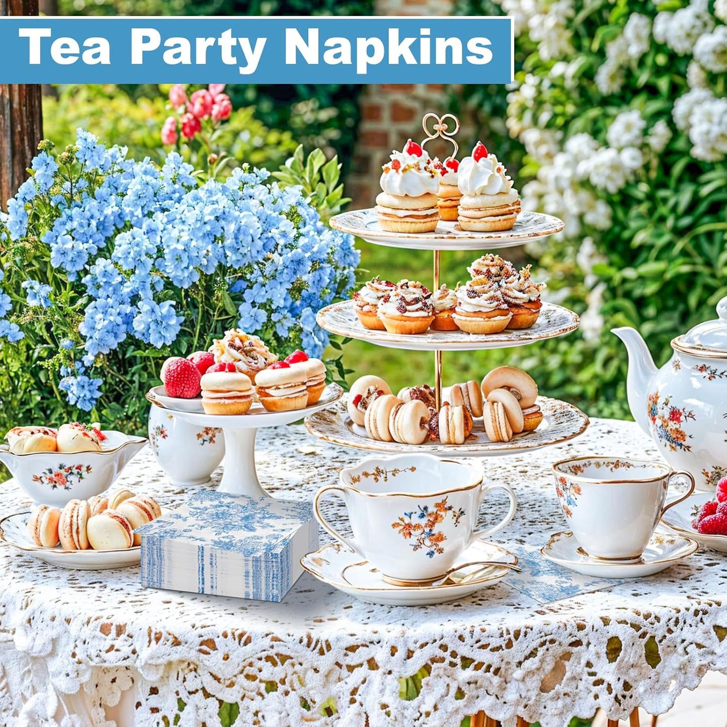 100 Pcs Blue Floral Napkins, Blue and White Decoupage Napkins Vintage Flower Butterfly Design Toile Napkin Cute Decorative Coastal Napkin for Wedding, Bridal Baby Shower,Tea Party, 5 x 5 Inch