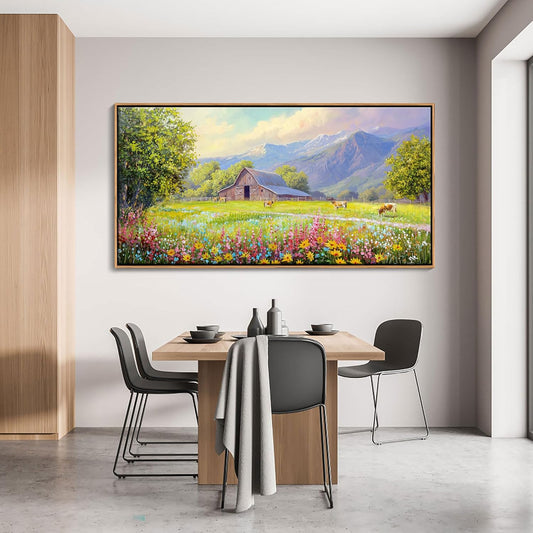 AJAZIKO Rustic Mountain Wall Art,Farmhouse Landscape Wall Decor with Highland Cow & Floral Art - Nature & Country Artwork for Living Room, Bedroom & Walls - Framed Flower Pictures for Home 24x48IN