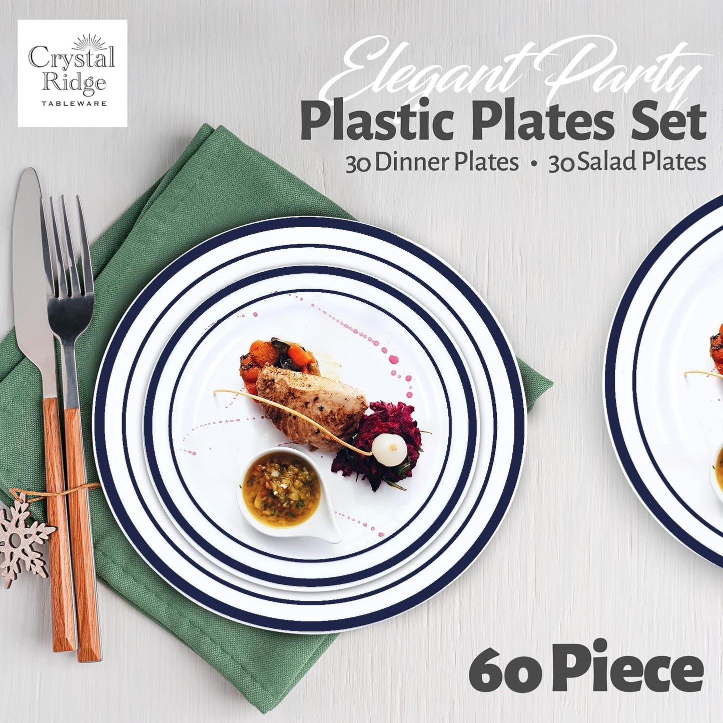 60 Pieces White Plastic Disposable Plates - Premium Heavy-Duty 30 Dinner Plates & 30 Salad Plates with Navy Rim Ideal for Party, Birthday and Special Events