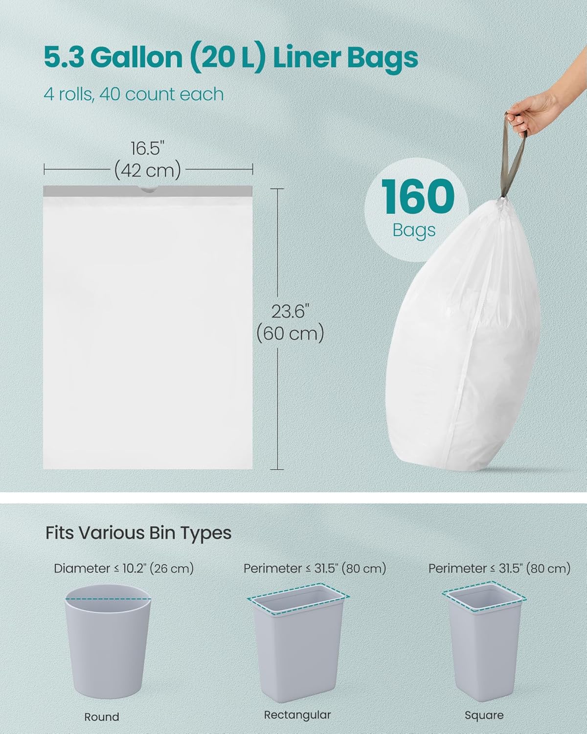 SONGMICS Trash Bags for 5.3 Gallon (20 L) Trash Cans, Drawstring Kitchen Garbage Bags, Pre-Separated, Quick-Dispense Box, Liner Code L, 4 Rolls, 160 Count, White UKRB021A04