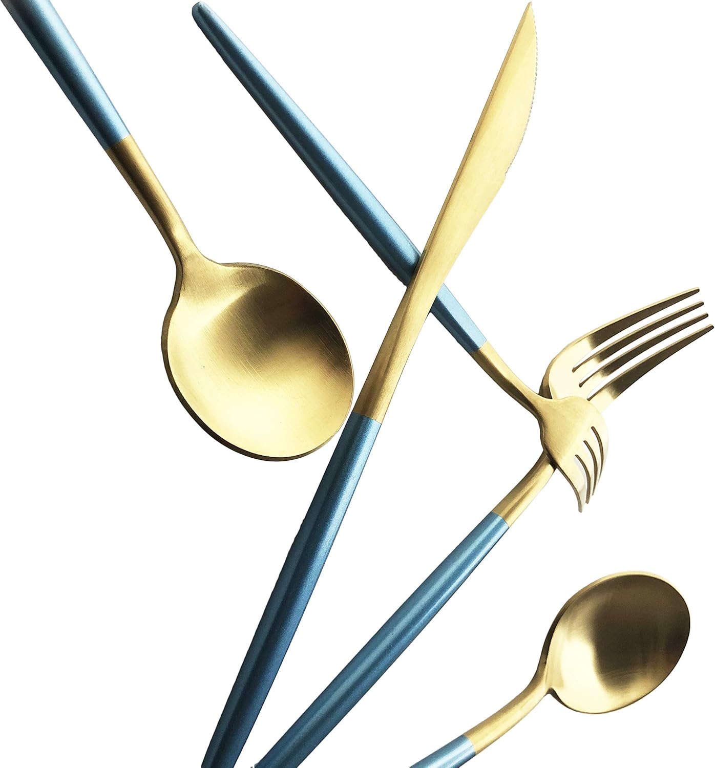 Silverware Set, Hand polished Matte Gold Blue Flatware Cutlery Set Service for 4, Satin Finish 20 Pieces 18/10 Stainless Steel Utensils Set for Home and Restaurant, Dishwasher Safe