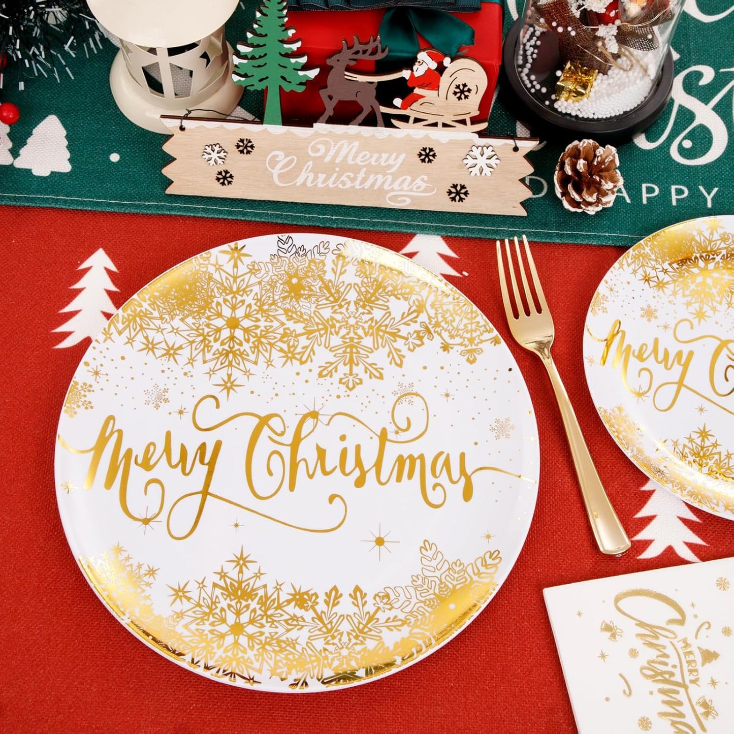 DaYammi 175Pcs Christmas Gold Plastic Dinnerware Set, 50Pcs Heavyduty Disposable Party Plates,Fancy Snowflake Design, 75Pcs Gold Plastic Cutlery,25Pcs 9oz gold Cups,25Pcs Napkins Perfect for Christmas