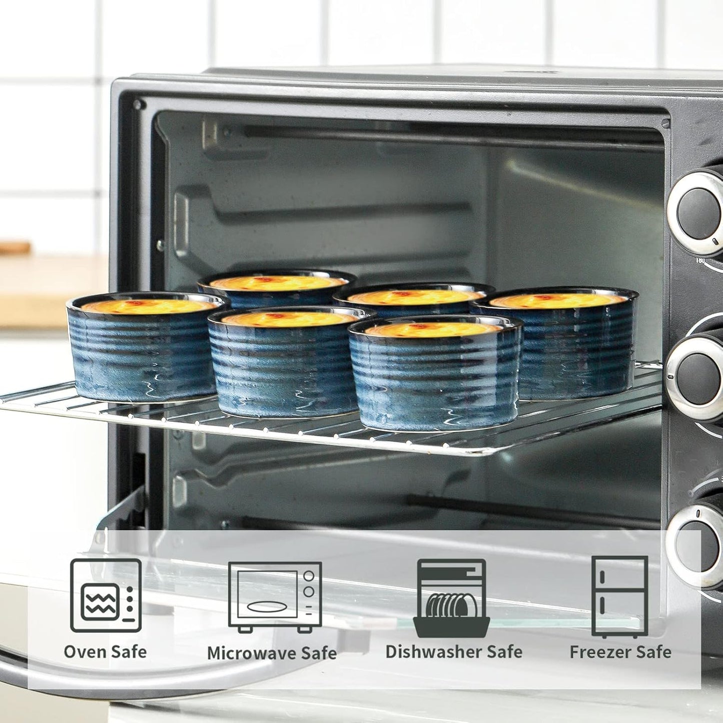 Ceramic Ramekins 6 oz, Oven Safe Souffle Dish Set of 6 for Baking, Porcelain Dipping Sauce Bowls for Creme Brulee,Stackable Custard Cups for Pudding, Ice Cream, Lava Cakes, Blue