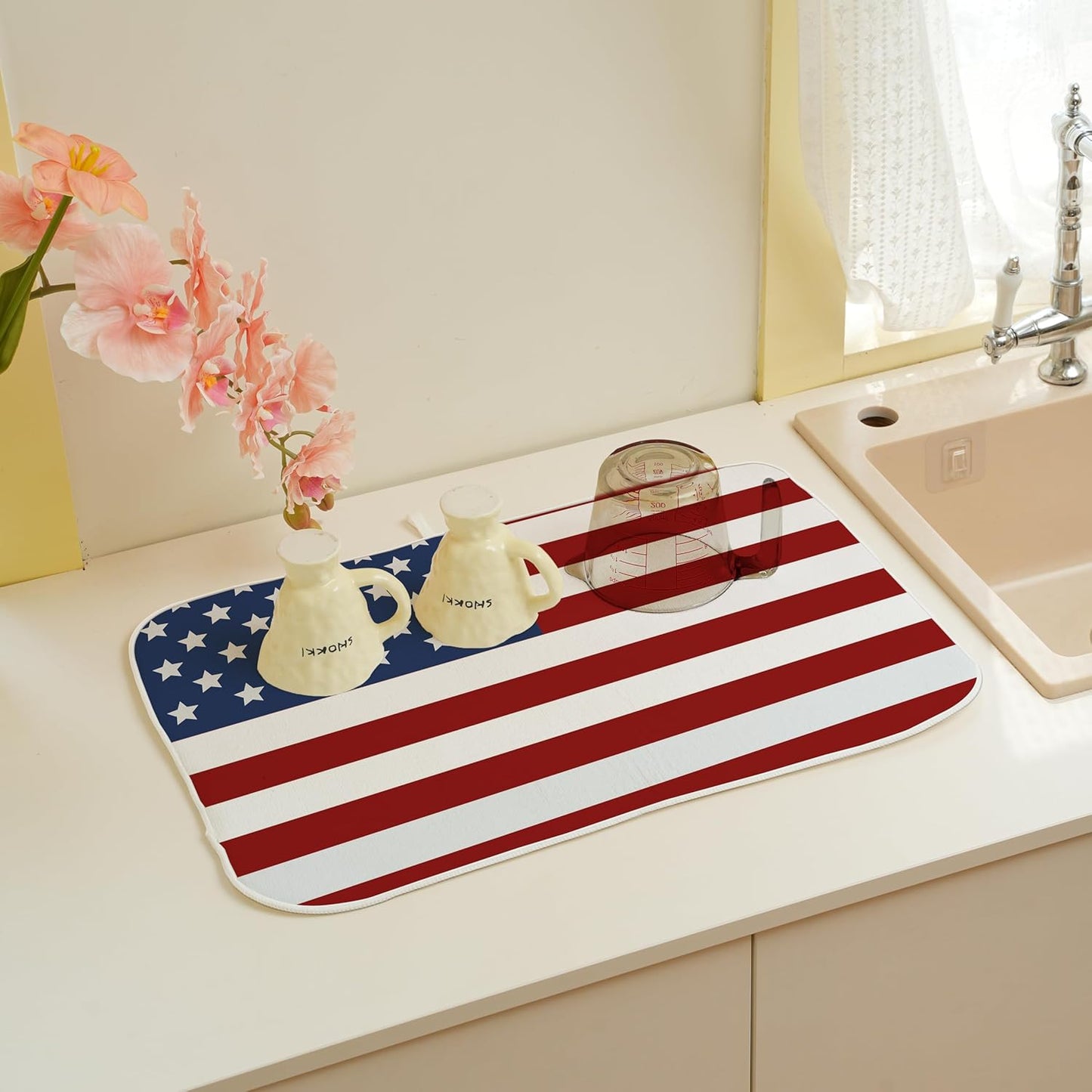 Independence Day Patriotic Dish Drying Mat for Kitchen Counter 18x24 Inch American Flag Dish Drying Pad 4th of July Stars and Stripes for Kitchen Counter Dining Room Decor