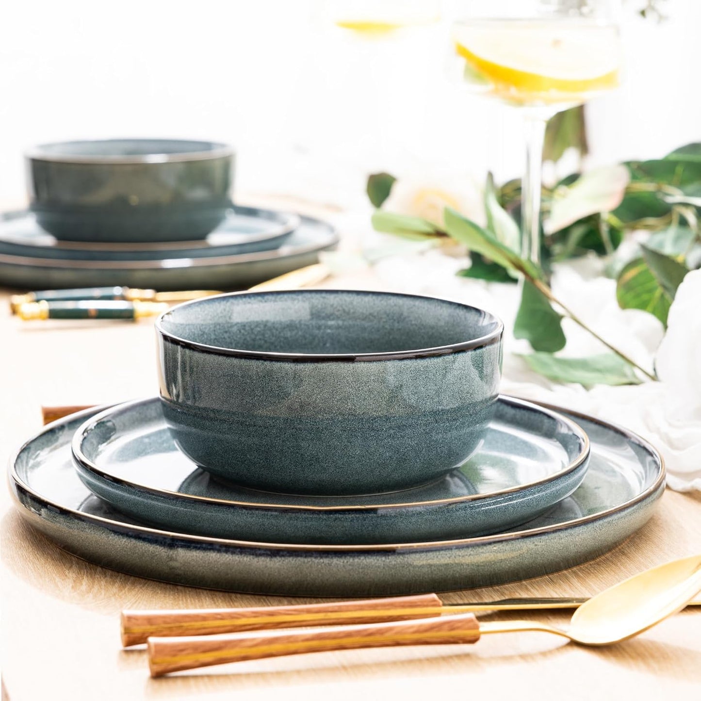GBHOME Ceramic Dinnerware Sets for 8, 24 Pieces Stoneware Plates and Bowls Sets, Scratch Resistant Dishes, Dishwasher & Microwave Safe, Reactive Glaze-Space