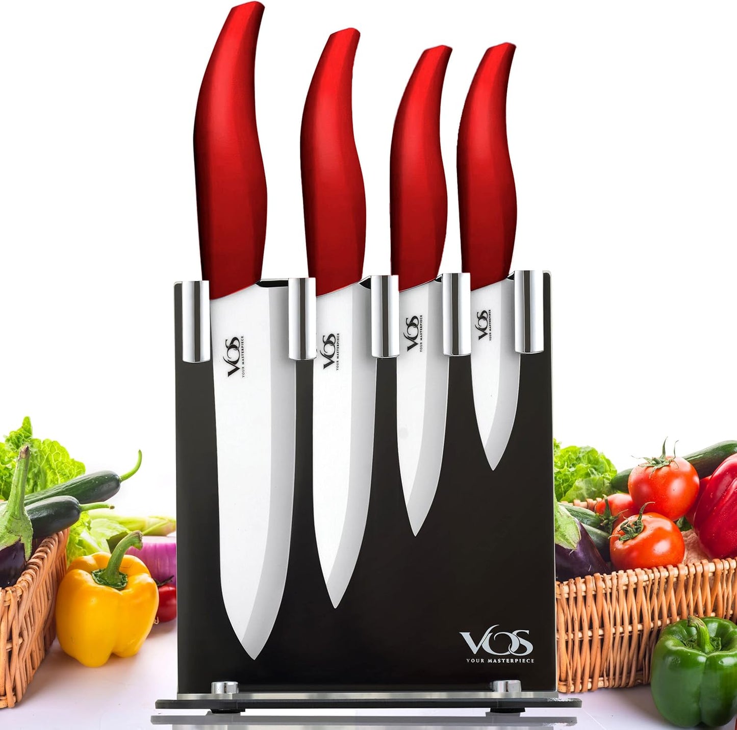 Vos Ceramic Knife Set, Ceramic Knives Set For Kitchen, Ultra Sharp Kitchen Knife Set with Covers, 3" 4" 5" 6" Paring, Santoku, Chef Knife & Utility, Lightweight, Dishwasher safe (Red with Block)