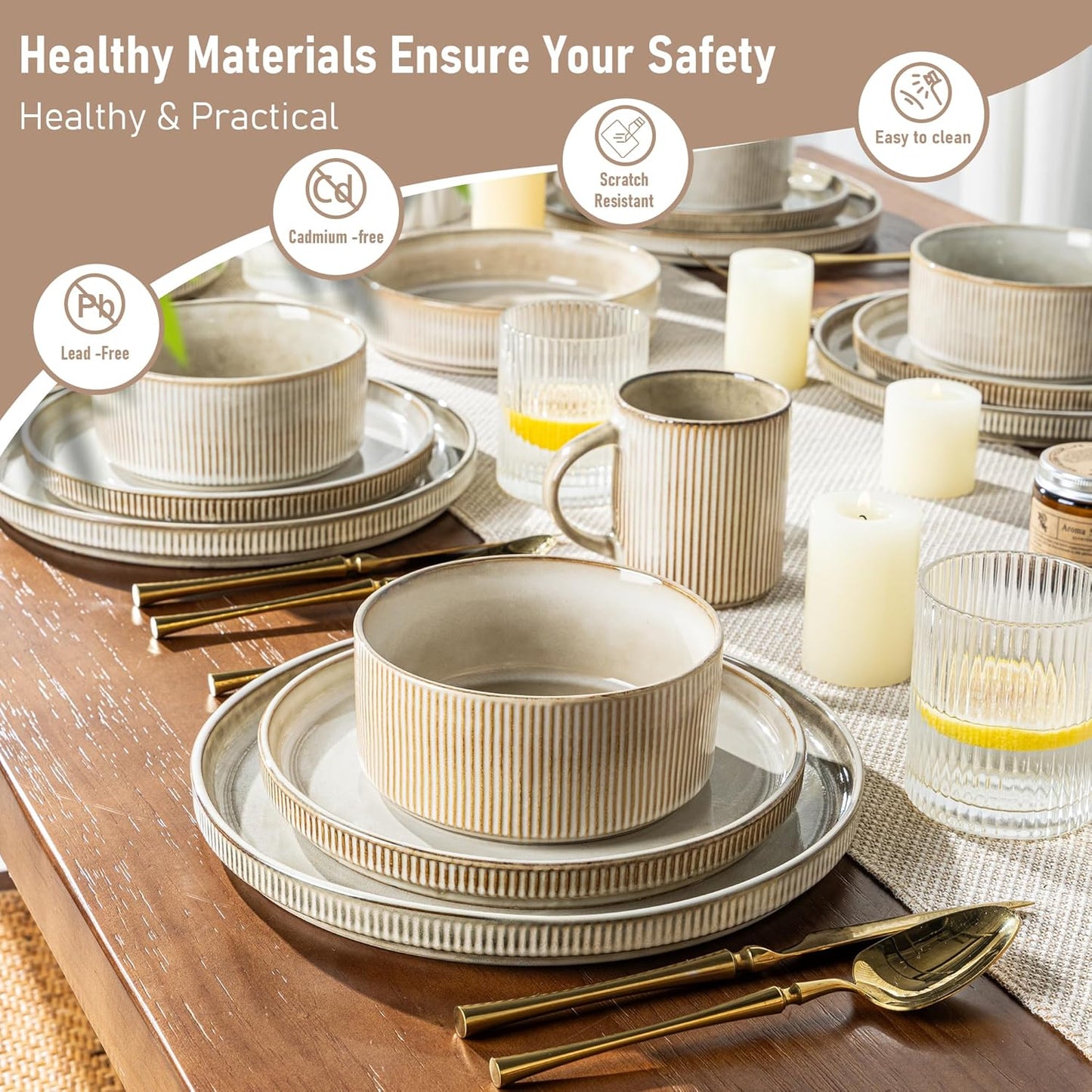 GBHOME Stoneware Dinnerware Sets for 6,Round Reactive Glaze Ceramic Plates and Bowls Set,Highly Scratch Resistant | Dishwasher & Microwave Safe Dishes Set,Service for 6(18Pcs)