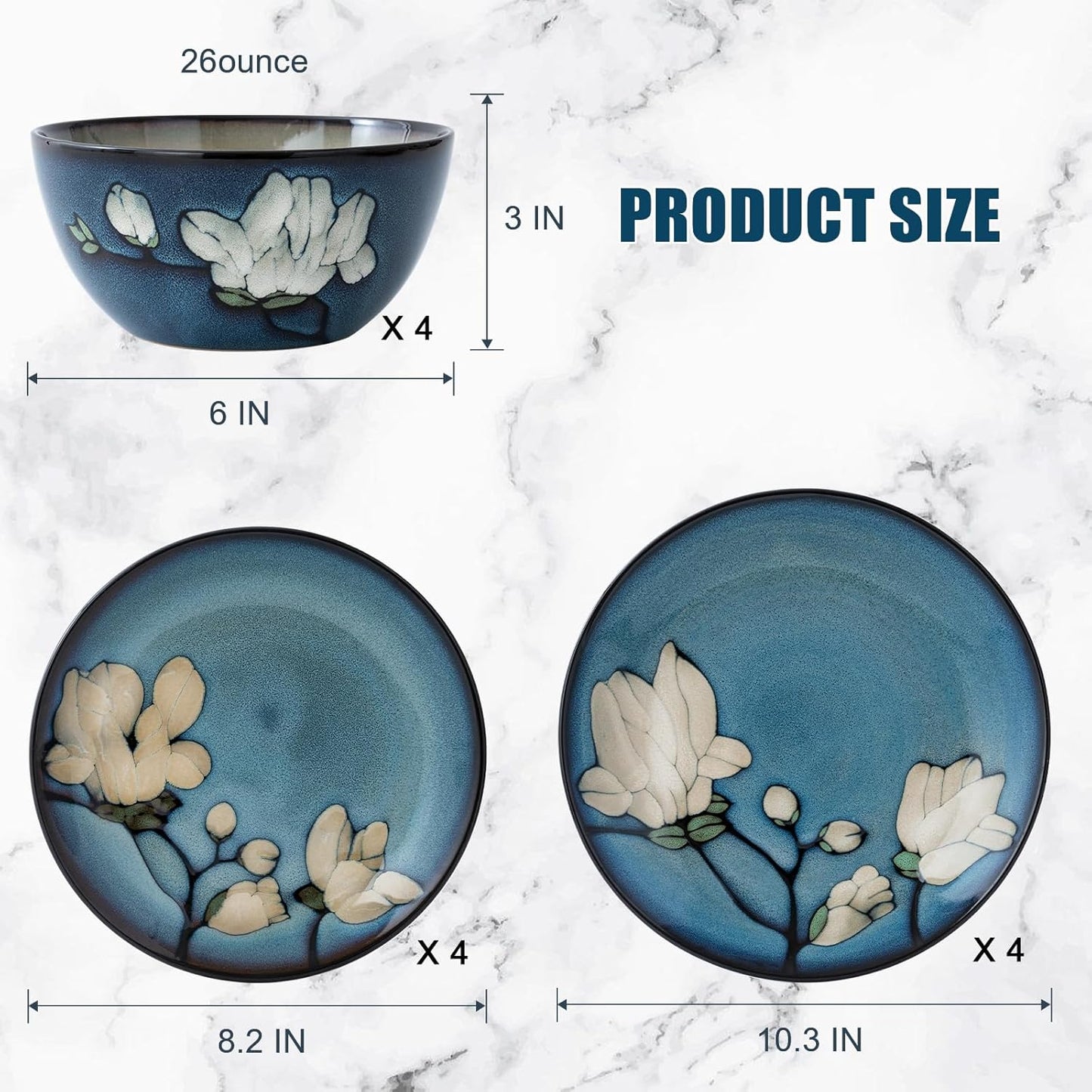 Dinnerware Set Blue Stoneware 12 Pieces Service for 4, Stoneware Plates and Bowls Set Highly Chip and Crack Resistant Stoneware Set, Dishwasher Microwave Safe Dishes set