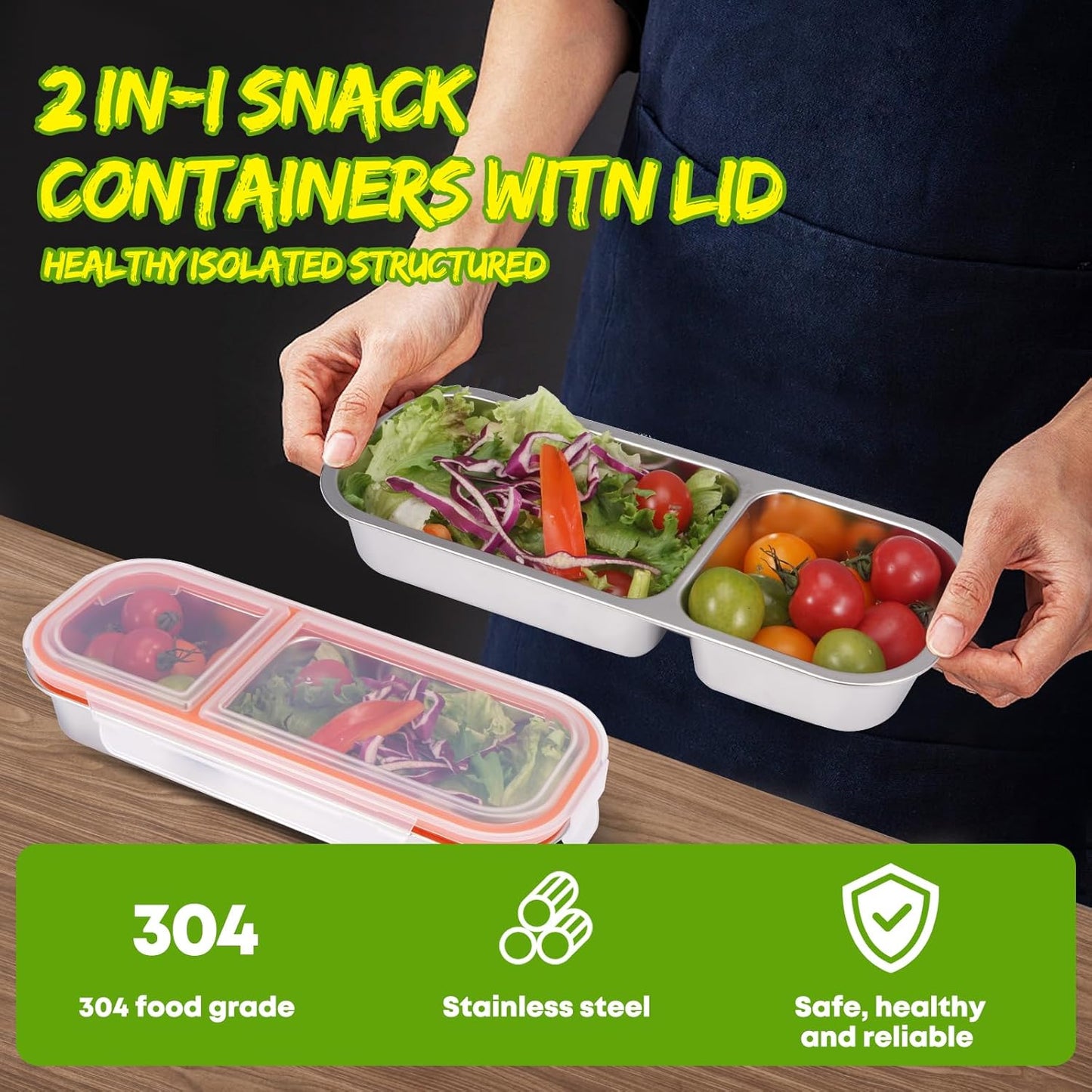 2 Pack Stainless Steel Snack Containers with Lids - Reusable 2 Compartment Snackle Box Container Divide Wet Dry Leakproof Metal Food Storage Containers for School, Home, Travel (Yellow + Orange)