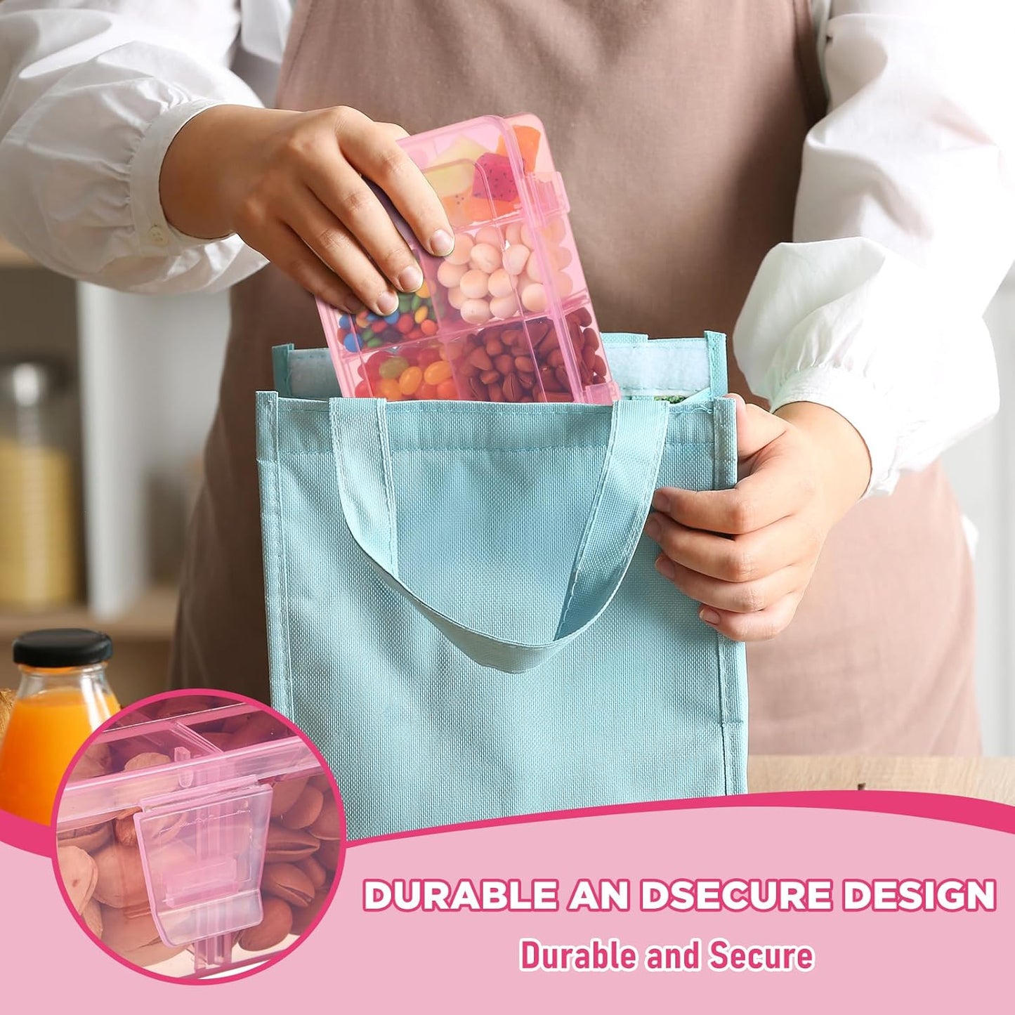 Thyle 1 Pcs Snack Box Container 8 Compartments Snack Containers Reusable Transparent Lunch Box Organizer Small Plastic Food Storage with Lids for Meal Prep School Work Travel (Pink)