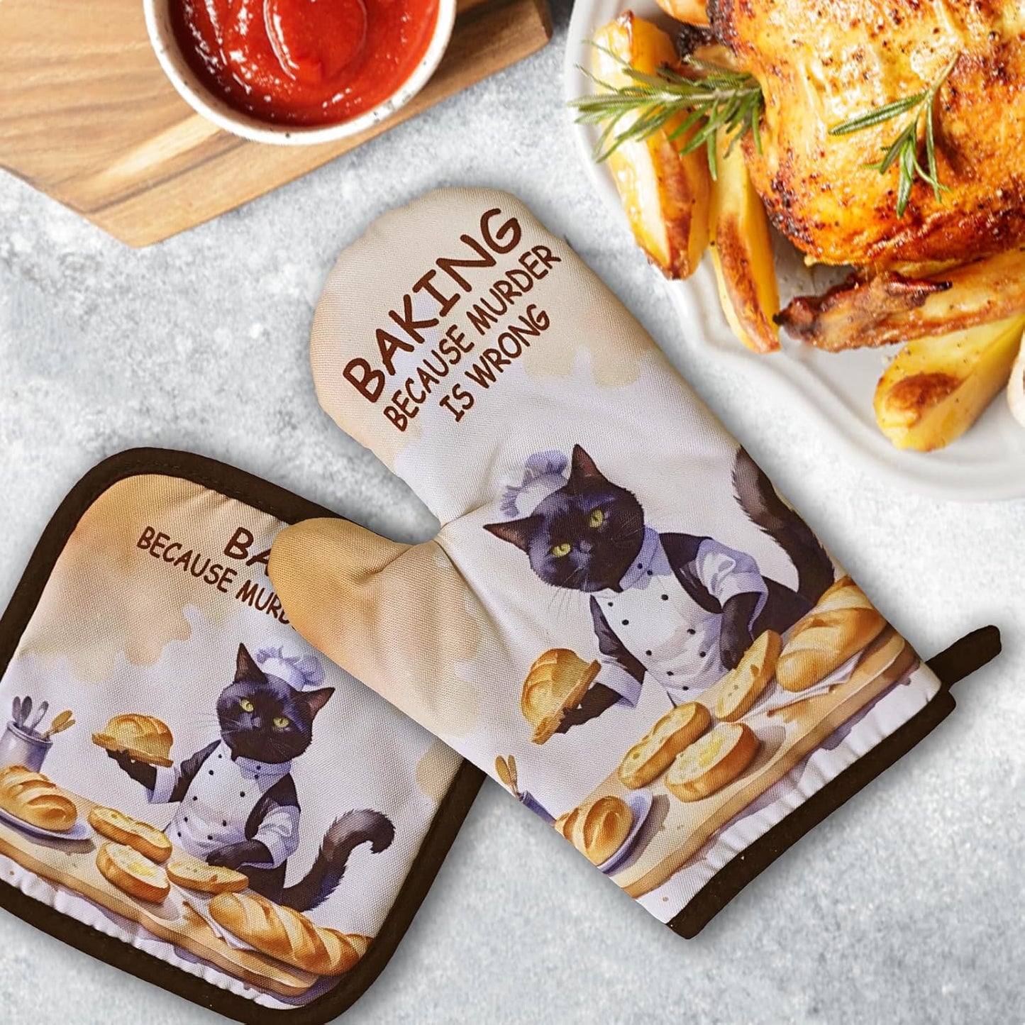 Funny Baking Cat Oven Mitts and Pot Holders（Set of 2） Baking Because Murder is Wrong Baker Mitts for Kitchen Decor Silicone Non-Slip Oven Mitts Cat Lover Gift Birthday Gift for Friend Chef
