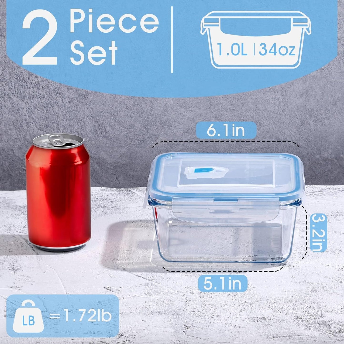 NUTRIUPS 1L Glass Food Storage Containers Set of 2, Square Meal Prep Containers, Food Storage Containers