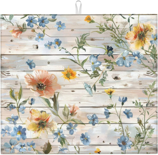 Flowers on Wooden Board Dish Drying Mat 16x18 Inch, Microfiber Absorbent Fast Dry Mat Floral Large Dish Mat Drying Kitchen Mat, Kitchen Drying Pad for Kitchen Counter Coffee Bar Decor Gifts
