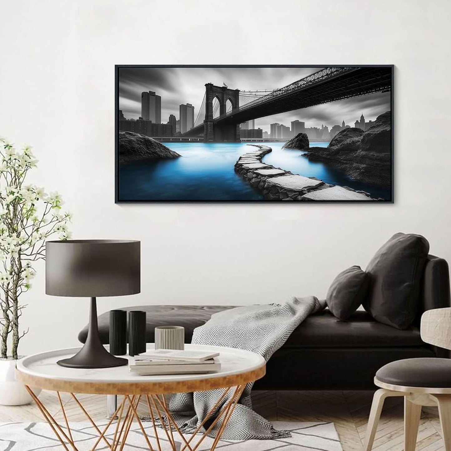 HKDGOKA Brooklyn Bridge Wall Art - Large Black and White Urban Architecture Landscape Canvas Pictures Modern Abstract City Paintings for Living Room Bedroom Office Home Artwork Decor 20x40