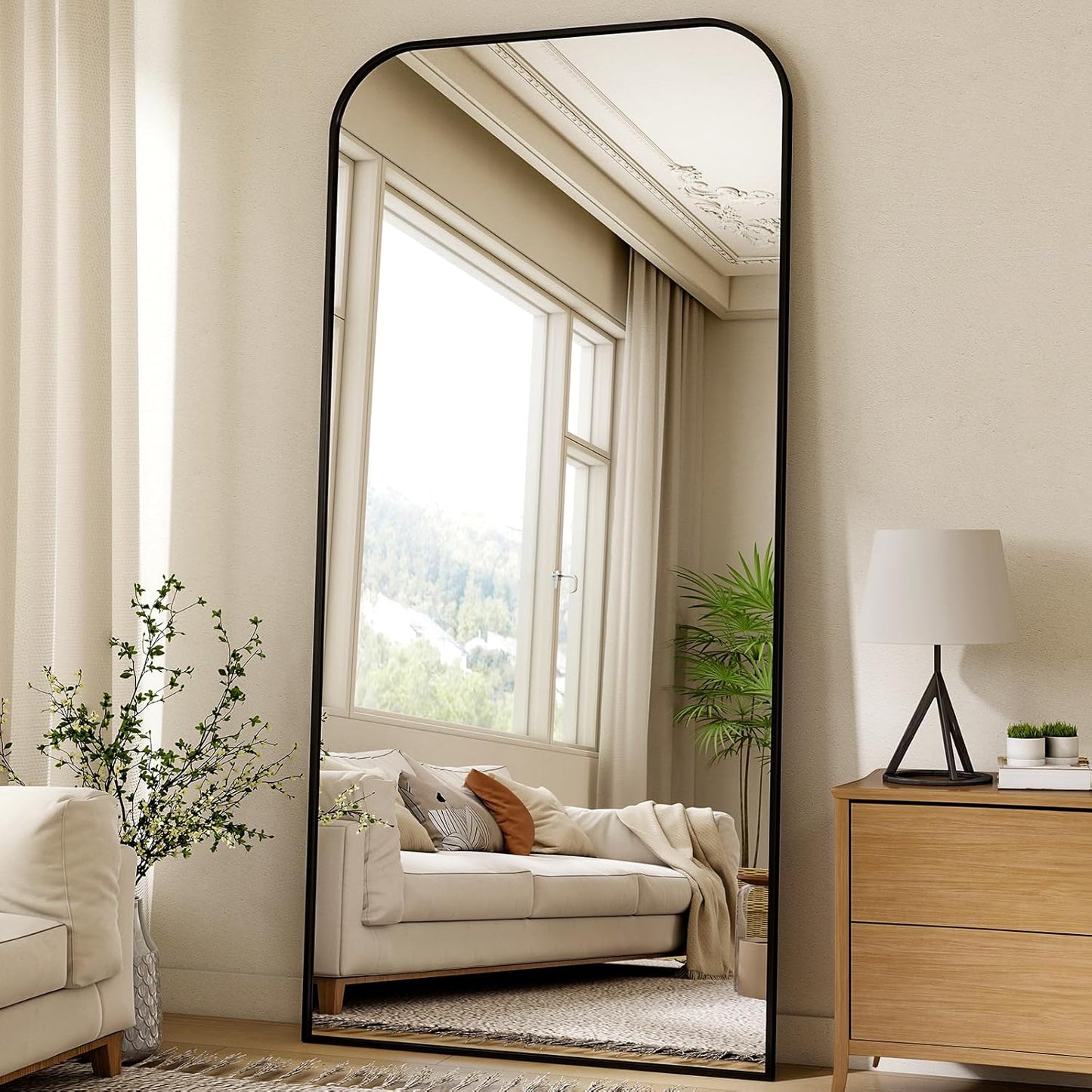 77x38 Inch Floor Length Mirror with Stand, Full Length Standing Mirror for Bedroom, Full Body Tall Mirrors with Modern Aluminum Alloy Frame in Black, Home Decor