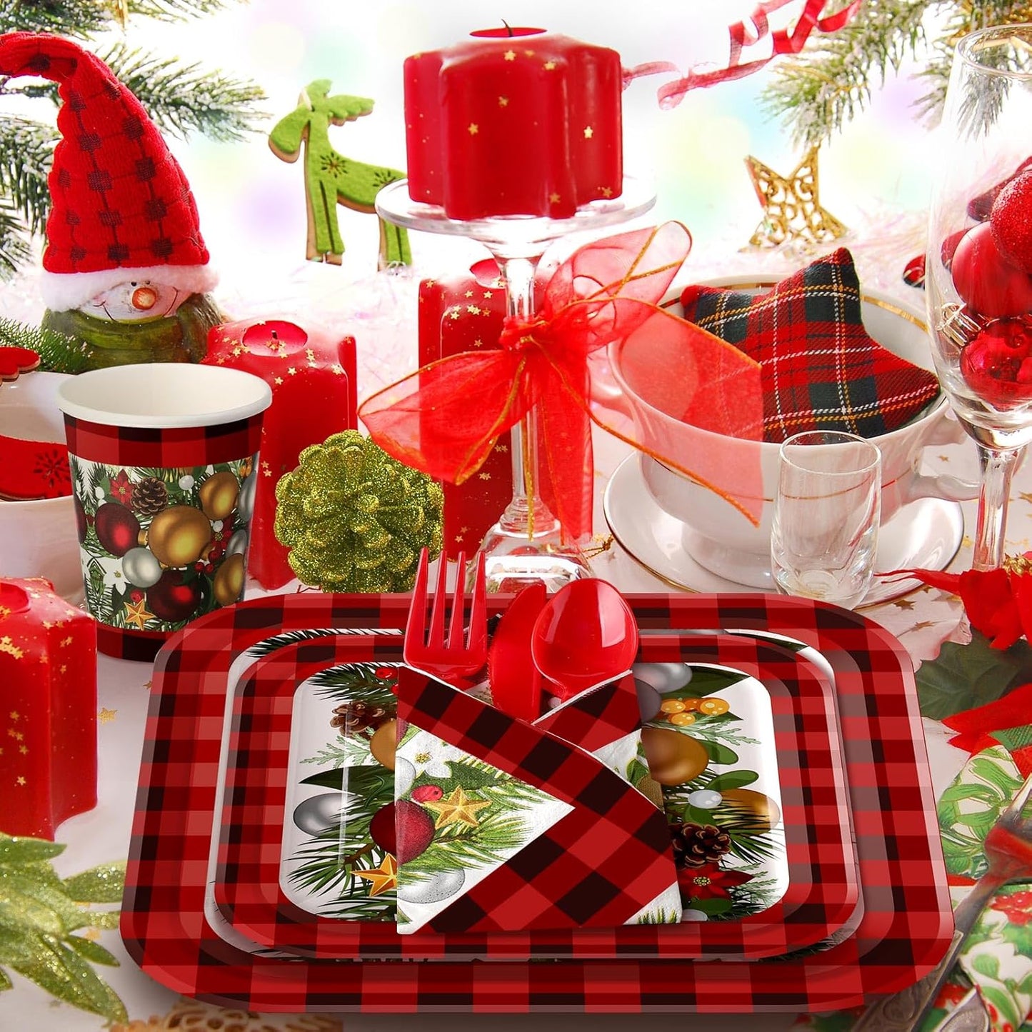 350 Pcs Paper Plates and Napkins Set Disposable Dinnerware Party Supplies Tableware Serve 50 Guest Cups Knife Forks Spoon(Red,Christmas Tree)