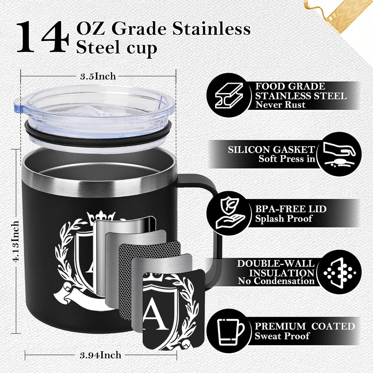 Personalized 14 Oz Insulated Coffee Mug Stainless Steel Leackproof Heavy Large Water Cup Taza Cafe Travel Accessories Camping Gear Road Trip Must Haves RV Backpacking Gadgets Hiking Stuff,B