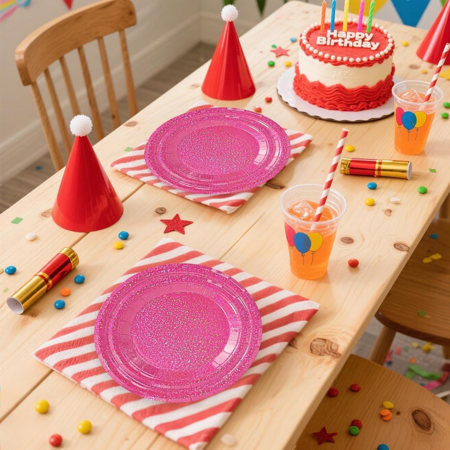 50 Pcs Iridescent Hot Pink Paper Plates 25 × 7'' and 25 × 9'' Disposable Pink Shiny Holographic Foil Dinner Plates for Wedding Baby Shower Birthday Disco Party Glitter Dessert Plate