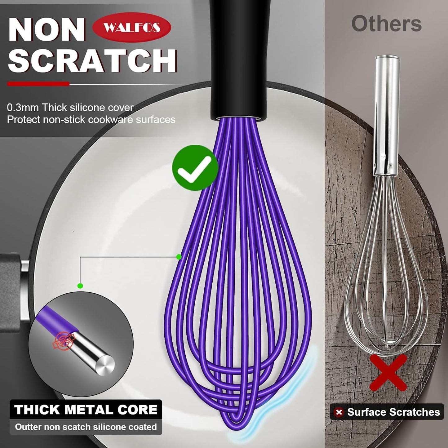 Walfos Whisk,7+9+11in Silicone Whisks for Cooking Non Scatch,Kitchen Whisk,BPA Free and Heat Resistant 480°F,Wisk Perfect for Frothing,Blending,Beating.Dishwasher Safe 3pcs Dark Purple
