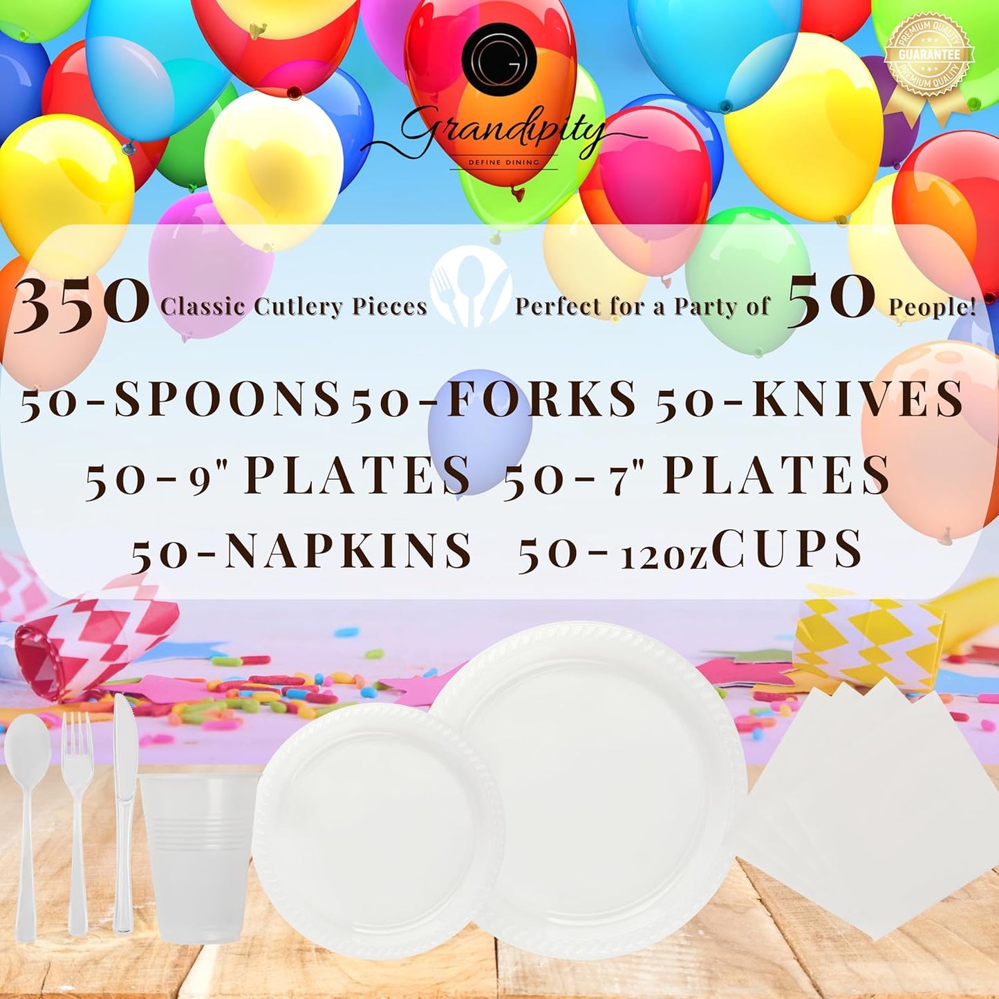 350 Piece Frost & Clear Disposable Dinnerware Set 50 Guests, Plastic Party Plates And Cups And Napkins Sets - 50 Count 9" Dinner Plates, 7" Dessert Plates, 12oz Cups, Paper Napkins,Forks-Knives-Spoons