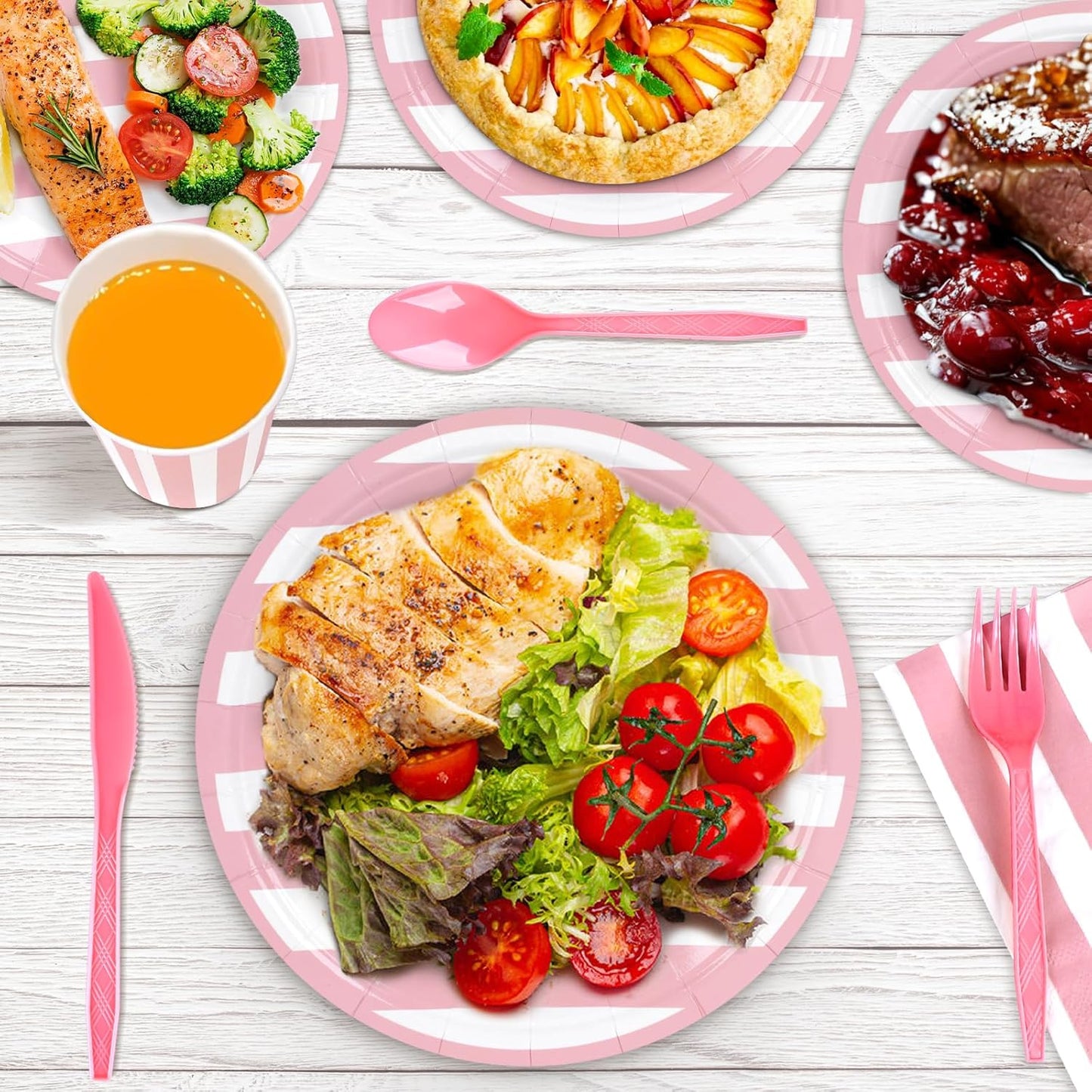 168Pcs Pink and White Party Supplies Disposable Paper Plates Napkins Cups Knives Spoons Forks For Wedding Baby Bridal Shower Serve 24