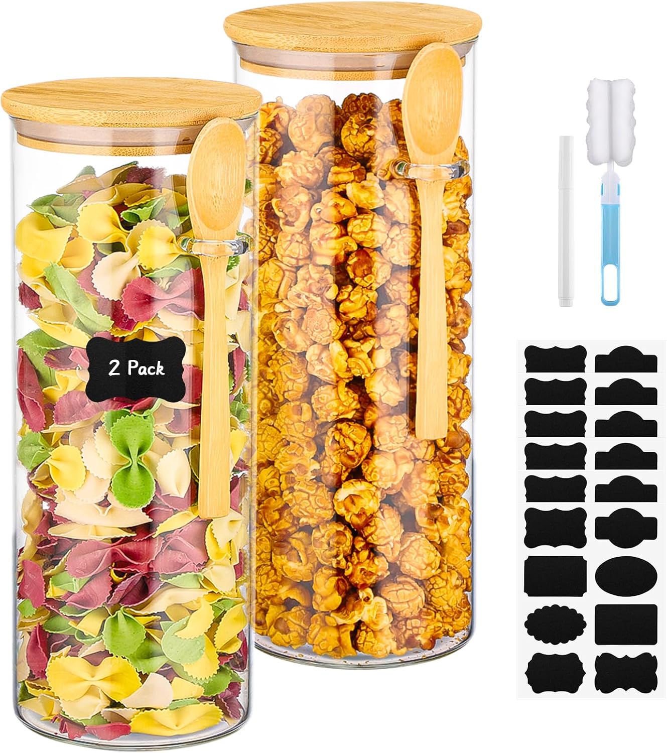 Glass Storage Jars with Lids - 2 Pack 54 Fl.oz Round Glass Pasta Containers with Airtight Bamboo Lids and Spoon, Includes Labels, Marker and Brush, Large Kitchen Jar for Cereal, Rice, Flour