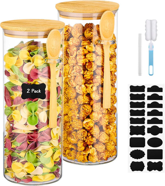 Glass Storage Jars with Lids - 2 Pack 54 Fl.oz Round Glass Pasta Containers with Airtight Bamboo Lids and Spoon, Includes Labels, Marker and Brush, Large Kitchen Jar for Cereal, Rice, Flour