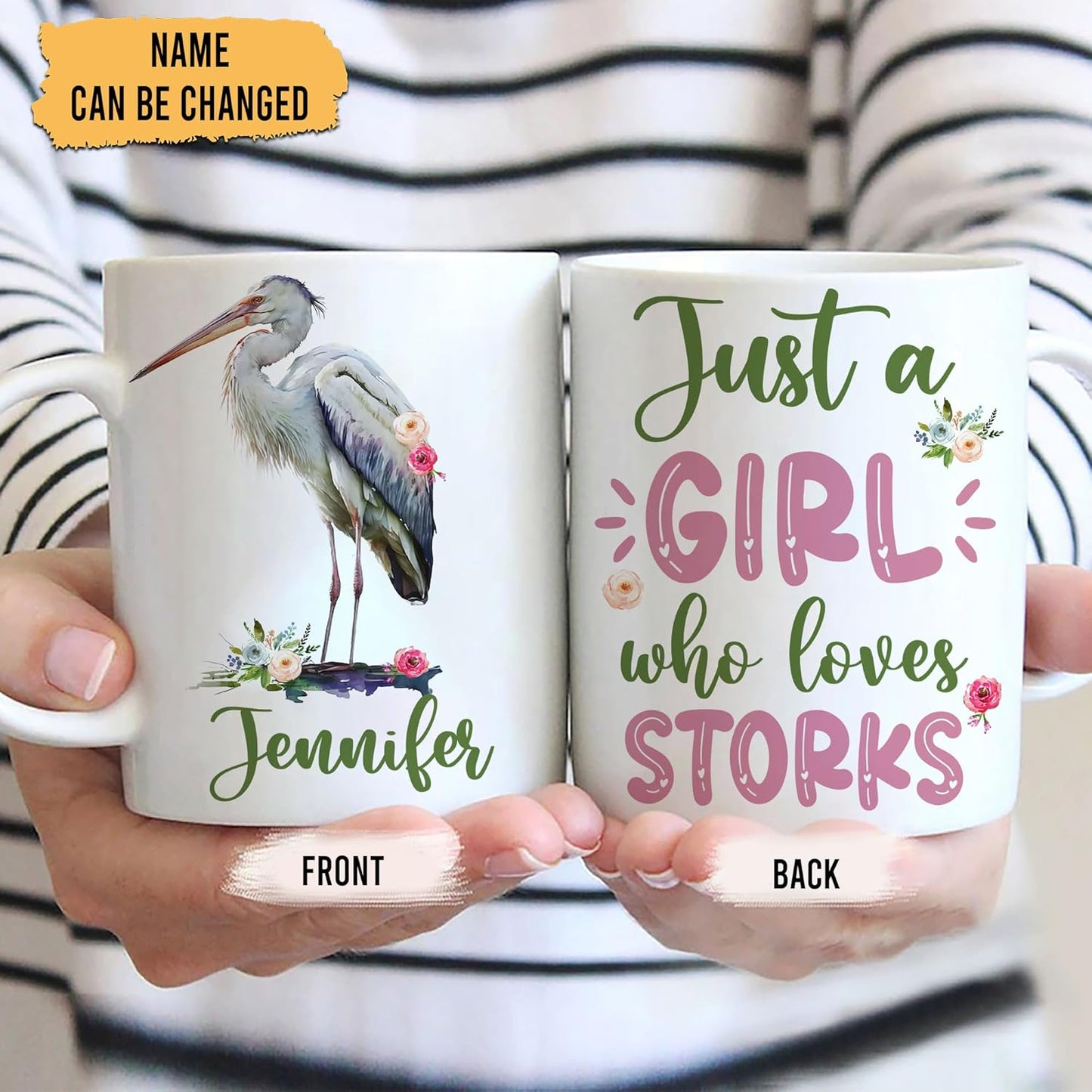 Hyturtle Personalized Gifts Stork Lover - Just A Girl Who Loves Storks Custom Name Ceramic Coffee Mug Cup 11oz - Idea Cute Animal Lover Gifts For Women, Girl Daughter On Birthday, Christmas