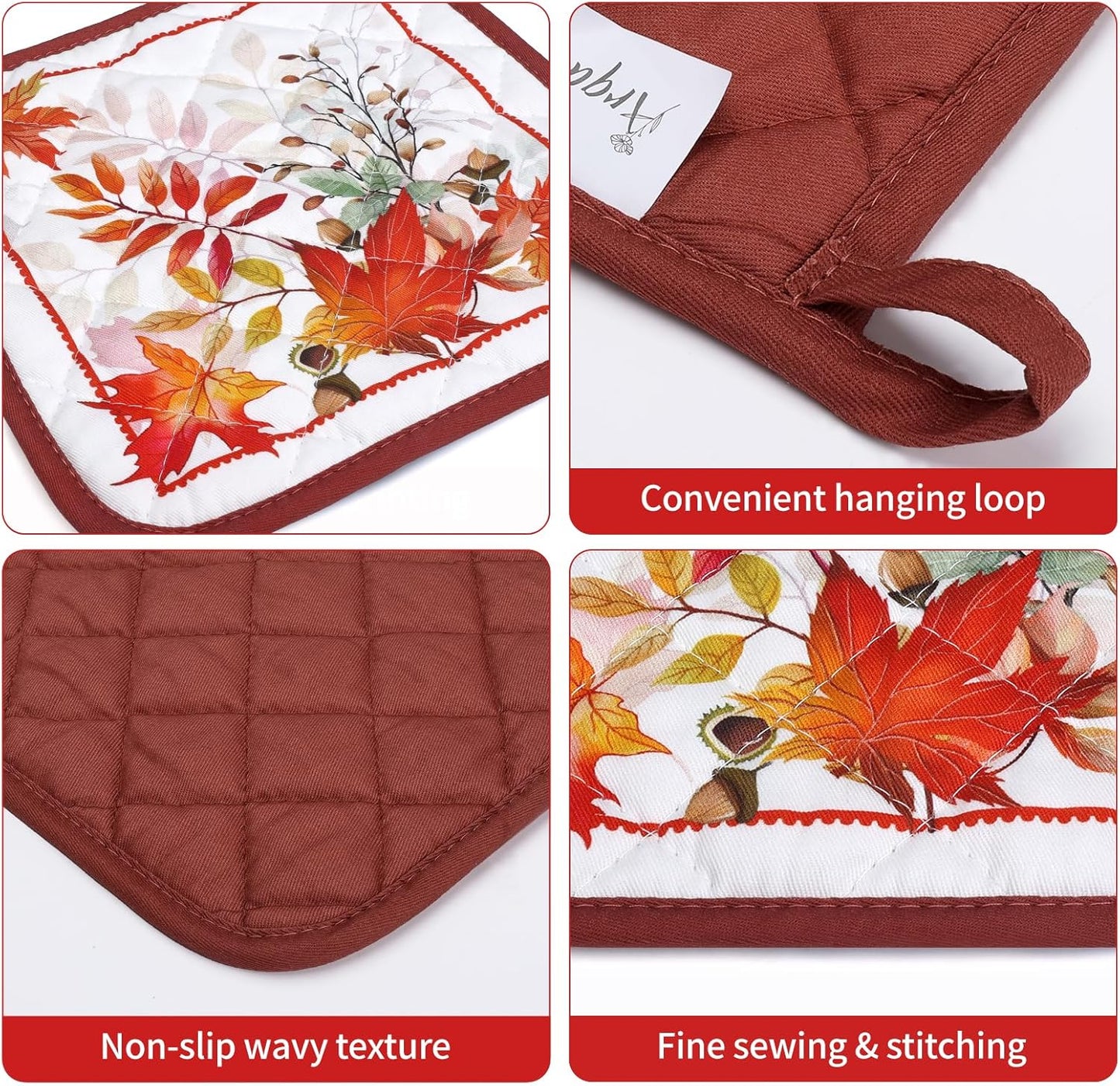 Fall Mapel Leaf Oven Mitts and Pot Holders Sets 2Pcs, 100% Cotton Heat Resistant, Extra Long Oven Gloves Potholder for Kitchen Cooking Baking Decoration