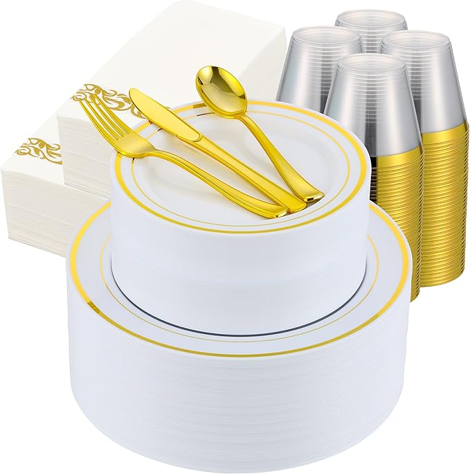700 PCS Gold Plastic Dinnerware for 100 Guests, Gold and White Disposable Plates include 100 Dinner Plates,100 Dessert Plates,100 Silverware Set,100 Cups,100 Napkins