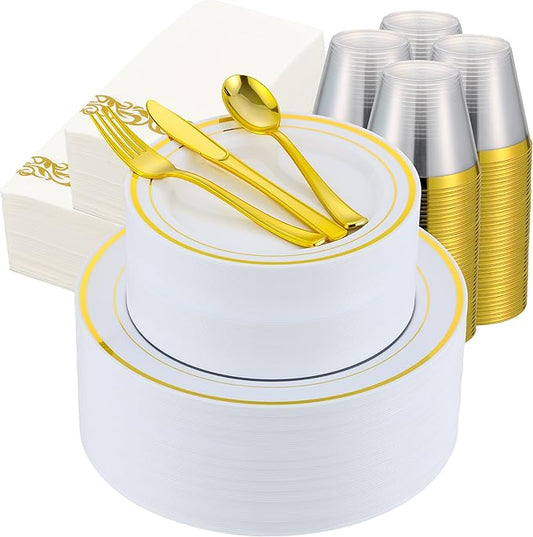 700 PCS Gold Plastic Dinnerware for 100 Guests, Gold and White Disposable Plates include 100 Dinner Plates,100 Dessert Plates,100 Silverware Set,100 Cups,100 Napkins