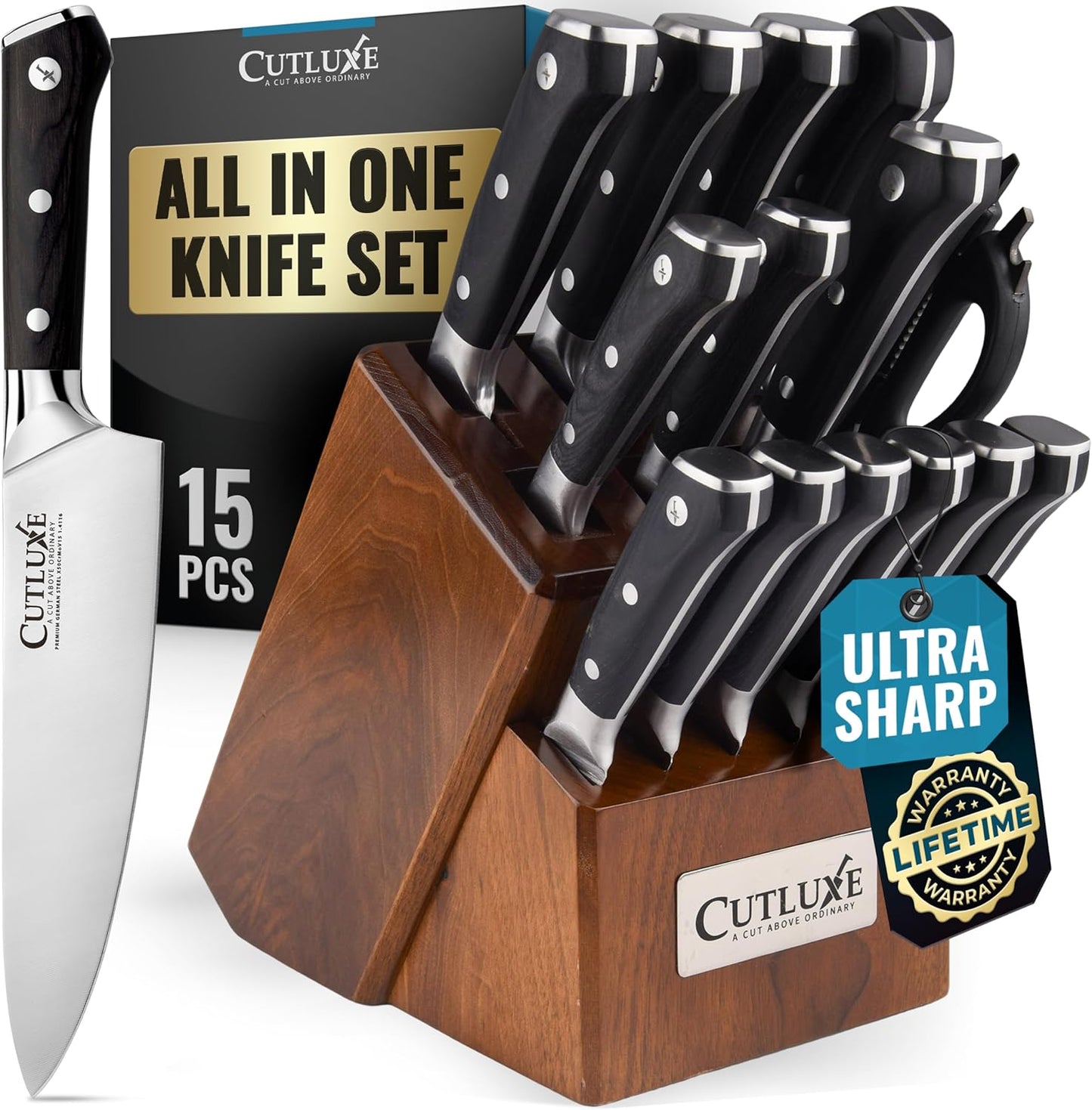 Cutluxe 15-Piece Knife Set – Premium Acacia Wood Block – Knife Set for Kitchen, Ultra Sharp High Carbon German Stainless Steel, Full Tang – Artisan Series