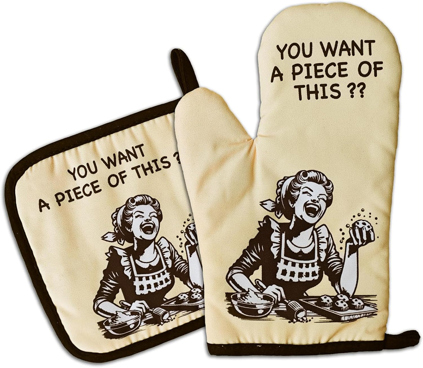 Funny Oven Mitts and Pot Holders（Set of 2） You Want A Piece of This Heat Resistant Mitts Retro Housewife Silicone Non-Slip Oven Mitts Novelty Kitchen Baking Gift for Women Hostess Bake Lover