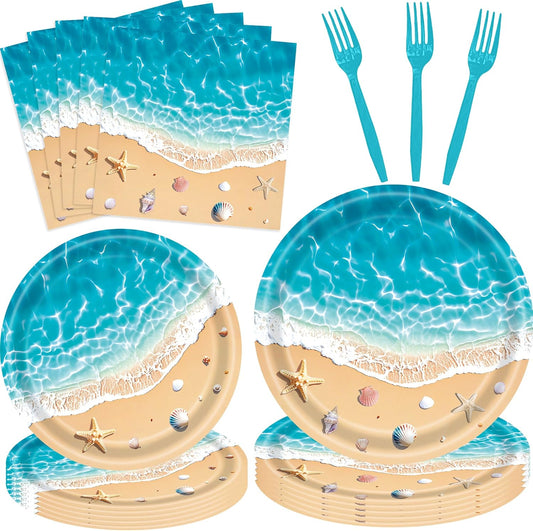 100 Pcs Summer Beach Tableware Party Supplies - Disposable Ocean Waves Hawaiian Dinnerware Set with Plates, Napkins, and Forks for Beach Theme, Luau, Tropical Pool Party Decorations - Serves 25