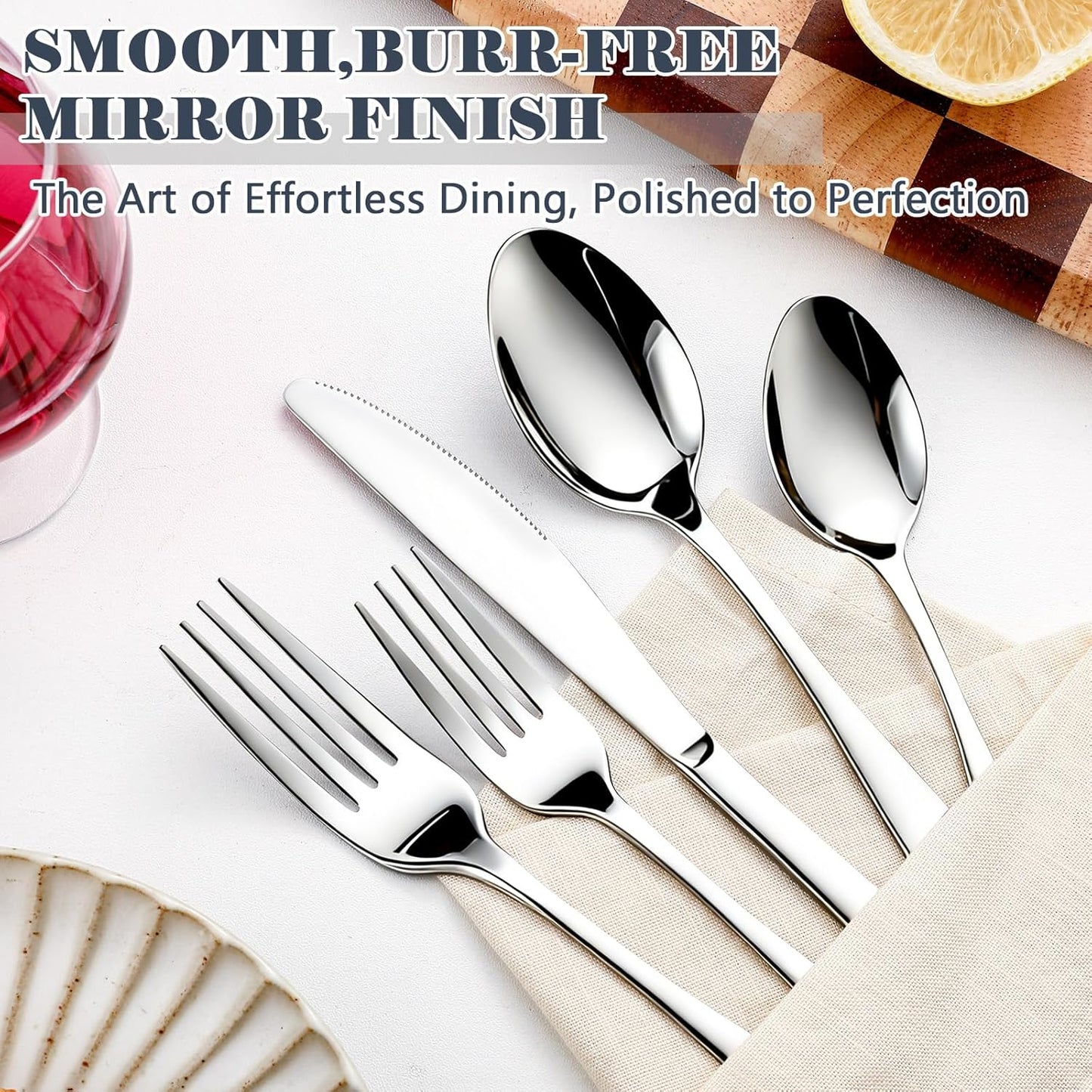 BEWOS 49-Piece Silverware Set with Organizer - Stainless Steel Silverware Set for 8 with Steak Knives and Drawer Organizer, Mirror Polished Flatware Set for Home and Restaurant, Dishwasher Safe