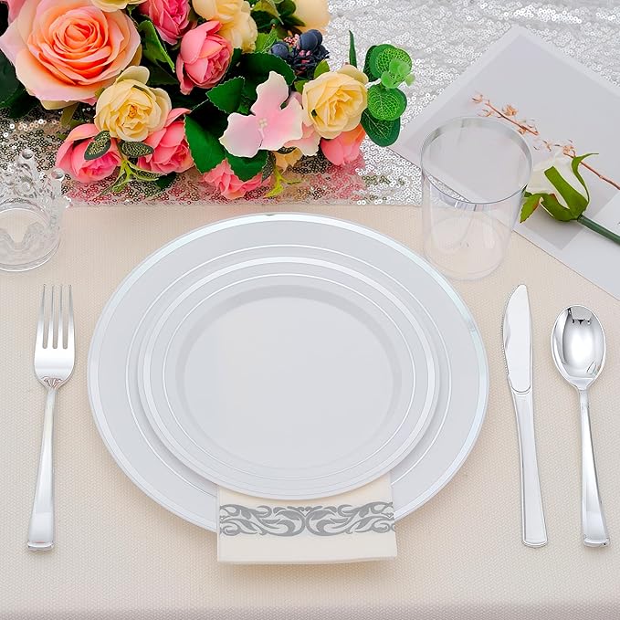 350 PCS Silver Plastic Dinnerware for 50 Guests,Silver and White Disposable Plates for Party Wedding with Napkins, 50 Dinner Plates, 50 Dessert Plates, 50 Silverware Set, 50 Cups