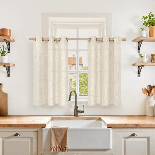 YoungsTex Linen Cafe Curtains 36 Inch Length 2 Panels, Short Half Window Drapes Light Filtering with Bronze Grommet Privacy for Bathroom Kitchen Window Decorative, 34 x 36 Inch