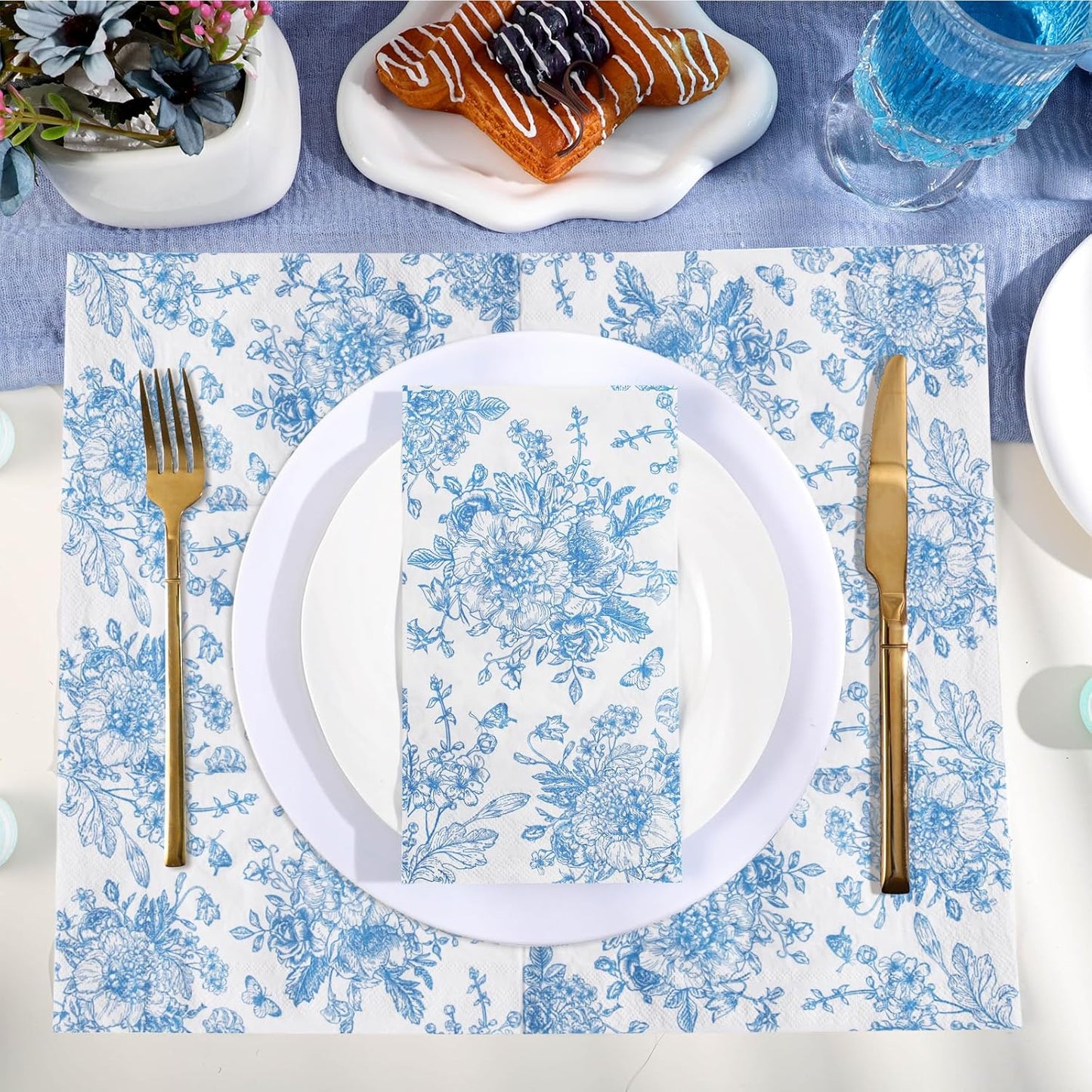 100 Pcs Blue Floral Guest Napkins Disposable Hand Towels for Bathroom Blue and White Paper Napkins Decorative Toile Napkin Chinoiserie Napkin for Wedding, Bridal & Baby Shower, Tea Party