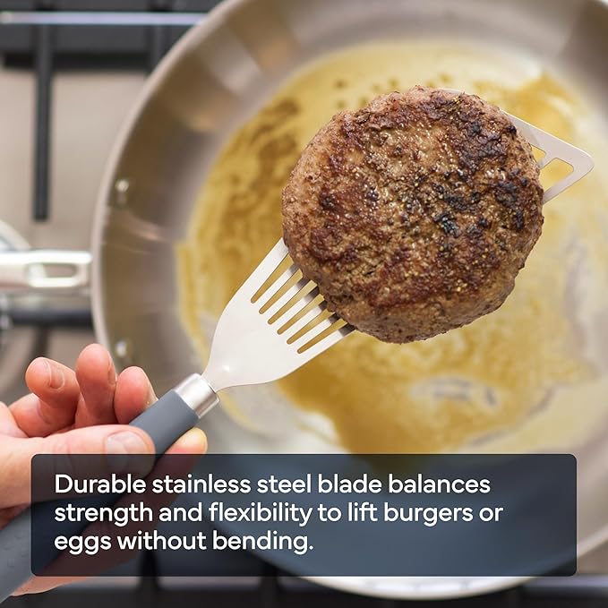 Misen Fish Stainless Steel Spatula - Slotted Turner for Cooking - Perfect for Frying - Heat Resistant - Dishwasher Safe -1mm Thick Flexible Flipper - Soft Silicone Grip Handle for Easy Use