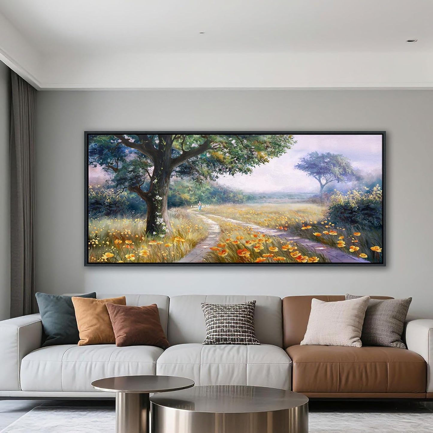 CHATYOUNG Large Landscape Wall Art, Rustic Wildflowers Way Home Yellow Green Pictures Farmhouse Canvas Painting Framed Artwork for Bedroom Living Room Kitchen Home Office Wall Decor 71"x32"