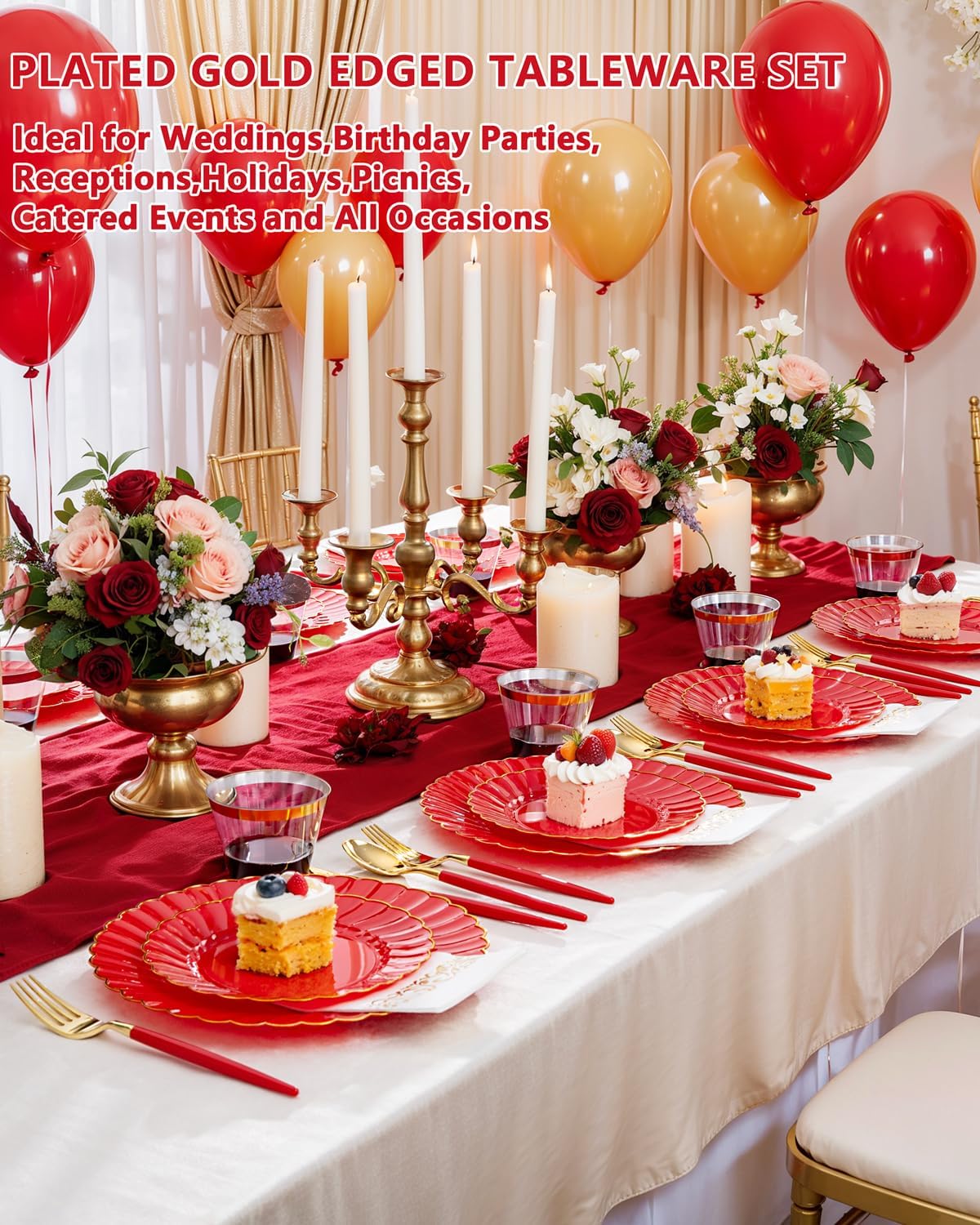 Ciaell 175 PCS Red Scalloped Plastic Plates with Gold Trim - Red Plastic Silverware with Handle - Fancy High-End Dinnerware Sets for Wedding & Showers & Party & Christmas (25 Guests)
