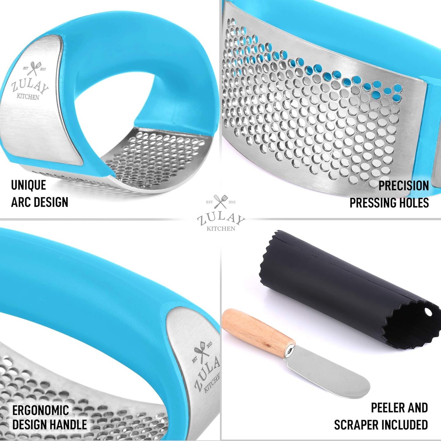 Zulay Kitchen Stainless Steel Garlic Press Rocker Set - Premium Garlic Mincer Garlic Crusher - New Innovative Garlic Crusher with Peeler and Scraper - Comfortable Grip (Blue)