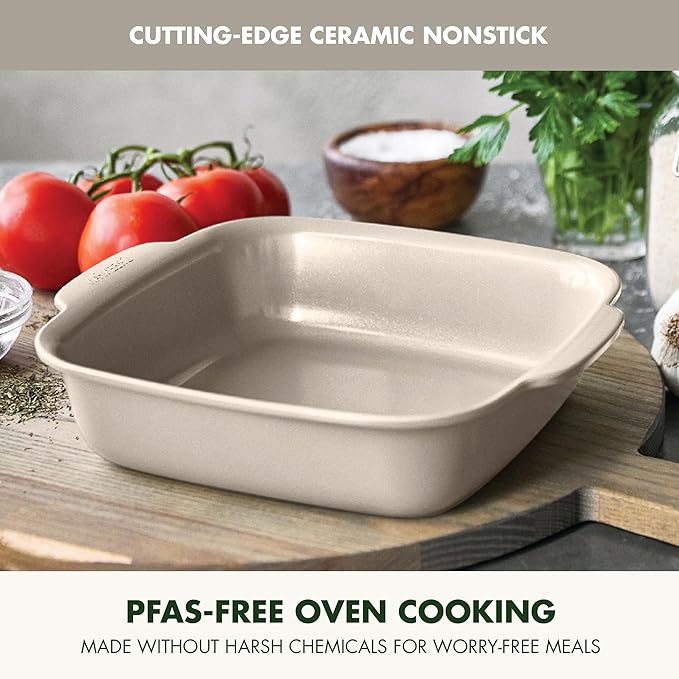 GreenPan Premiere Ovenware Healthy Ceramic Nonstick 8" Square Cake Baking Pan, PFAS-Free, Warp-Free Bakeware, Durable Quick Heating, Oven & Broiler Safe to 600F, Dishwasher Safe, Taupe