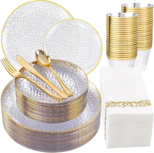 DaYammi 175PCS Clear Gold Plastic Dinnerware Set, Thanksgiving Plates Disposable Hammered Disposable Plates for Party, Include: 25 Dinner Plates 25 Dessert Plates 75 Gold Silverware 25 Napkins 25 Cups