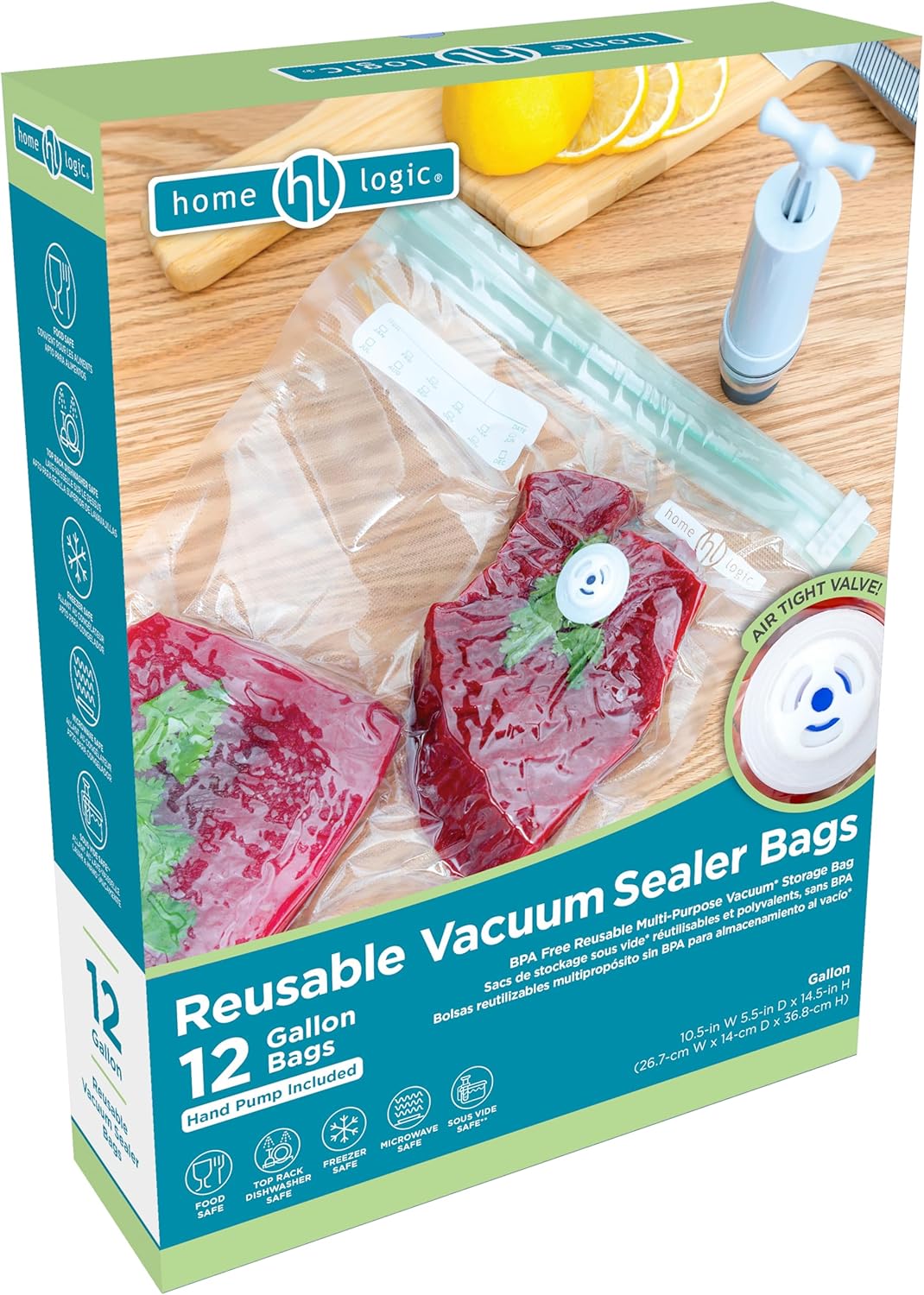 Home Logic Vacuum Sealer Reusable Bags – Freezer, Microwave & Sous Vide Safe Food Storage – 12 Gallon Bags, 10.5 Inch Width